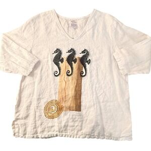 VTG Match Point Wmns L White 100% Linen Seahorse Graphic V-Neck Tunic Top Beach